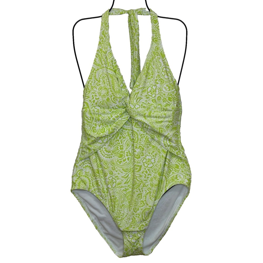 Ellen Tracy‎ One Piece Swimsuit Sz 12 Lime Green White Floral Halter Neck Padded